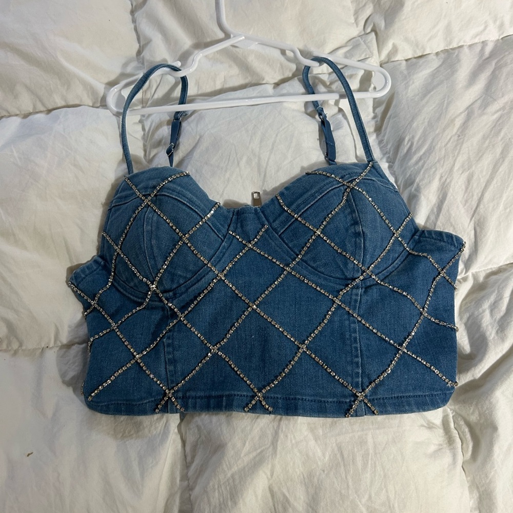 Crystal-Studded Blue Denim Crop Top